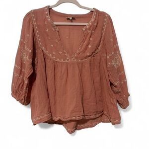 Lucky Brand boho embroidered blush flowy top M